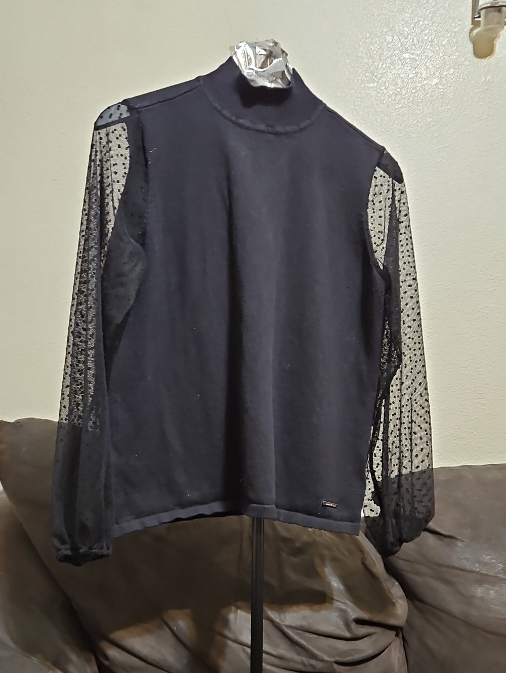 Anne Klein Black Turtleneck Sweater with Sheer Polka-Dot Sleeves